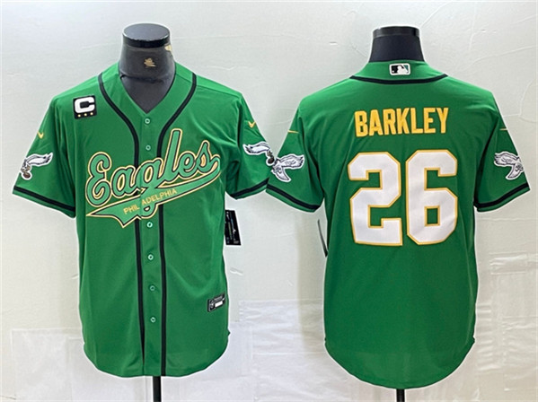 Personalized Men’s Philadelphia Eagles #26 Saquon Barkley Green Gold With 3-star C Patch Cool Base Baseball Stitched Jersey