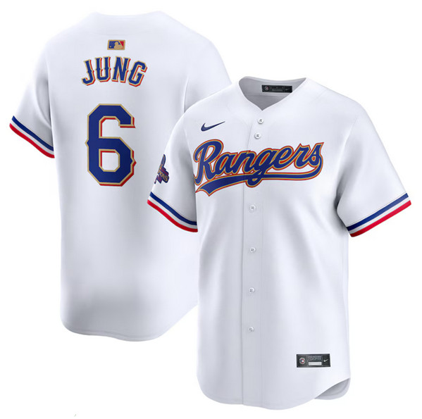 Personalized Men’s Texas Rangers #6 Josh Jung White 2024 Gold Collection Cool Base Stitched Baseball Jersey