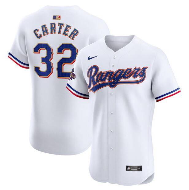 Personalized Men’s Texas Rangers #32 Evan Carter White 2024 Gold Collection Flex Base Stitched Baseball Jersey