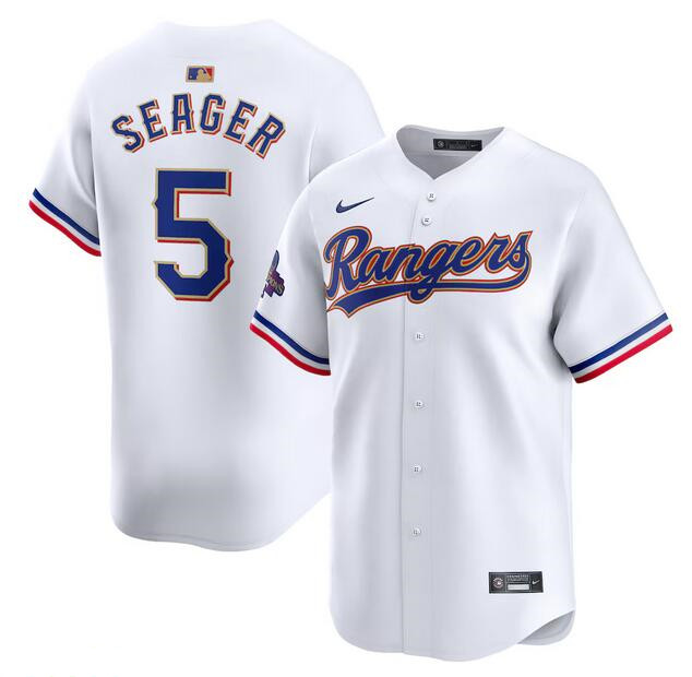 Personalized Men’s Texas Rangers #5 Corey Seager White 2024 Gold Collection Cool Base Stitched Baseball Jersey