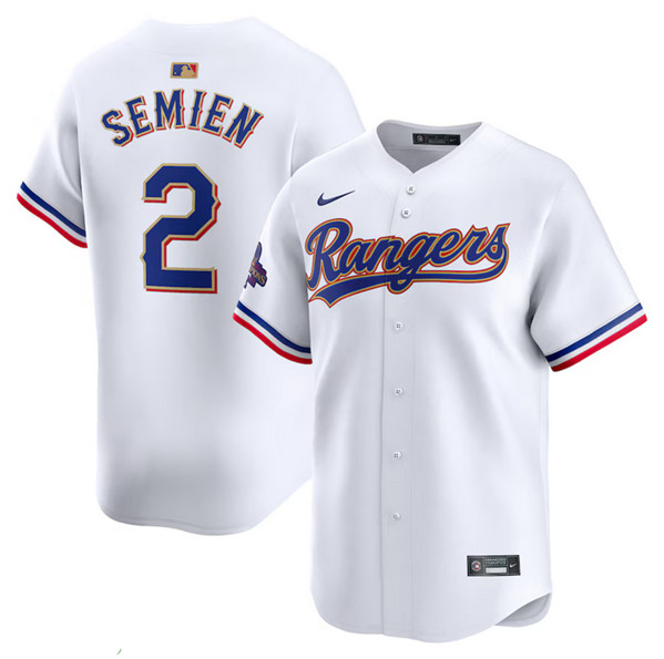 Personalized Men’s Texas Rangers #2 Marcus Semien White 2024 Gold Collection Cool Base Stitched Baseball Jersey