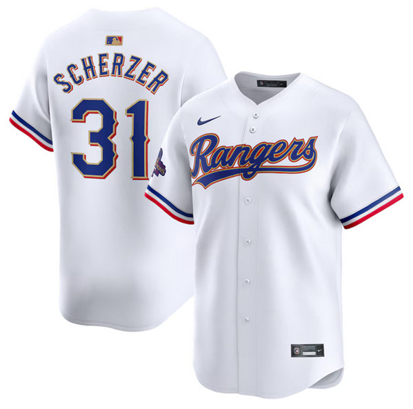 Personalized Men’s Texas Rangers #31 Max Scherzer White 2024 Gold Collection Cool Base Stitched Baseball Jersey