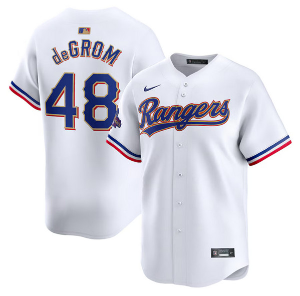Personalized Men’s Texas Rangers #48 Jacob DeGrom White 2024 Gold Collection Cool Base Stitched Baseball Jersey