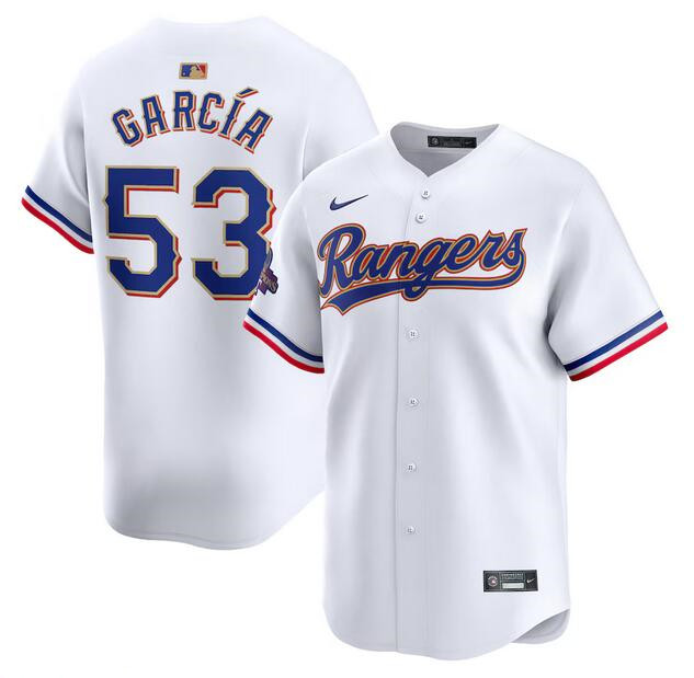 Personalized Men’s Texas Rangers #53 Adolis García White 2024 Gold Collection Cool Base Stitched Baseball Jersey