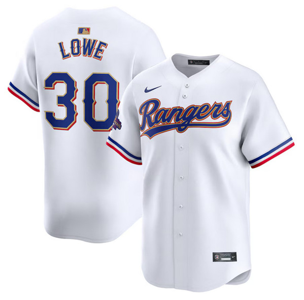 Personalized Men’s Texas Rangers #30 Nathaniel Lowe White 2024 Gold Collection Cool Base Stitched Baseball Jersey