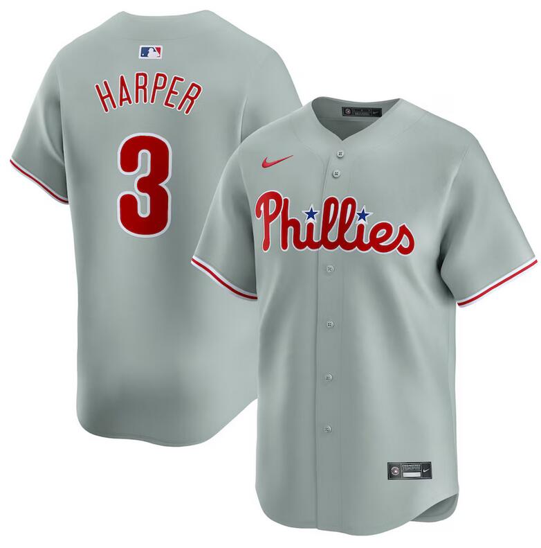 Personalized Men’s Philadelphia Phillies #3 Bryce Harper Grey Away Limited Stitched Jersey