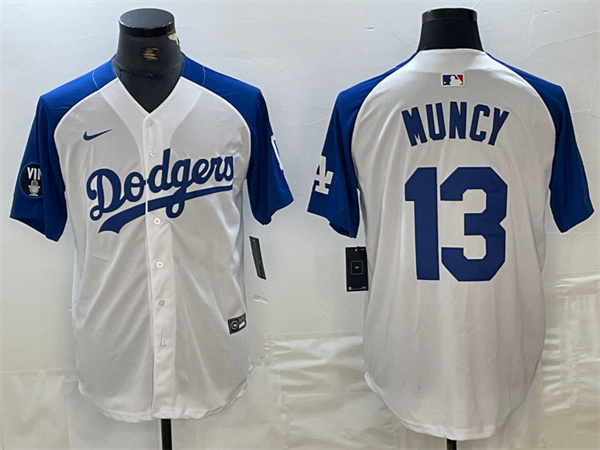 Personalized Men’s Los Angeles Dodgers #13 Max Muncy White Blue Vin Patch Cool Base Stitched Baseball Jersey