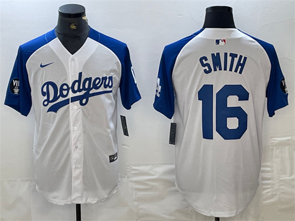 Personalized Men’s Los Angeles Dodgers #16 Will Smith White Blue Vin Patch Cool Base Stitched Baseball Jersey