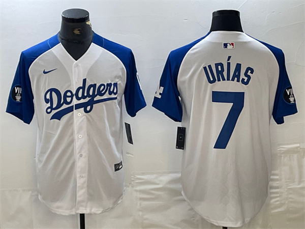 Personalized Men’s Los Angeles Dodgers #7 Julio Urías White Blue Vin Patch Cool Base Stitched Baseball Jersey