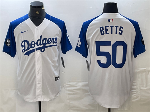 Personalized Men’s Los Angeles Dodgers #50 Mookie Betts White Blue Vin Patch Cool Base Stitched Baseball Jersey