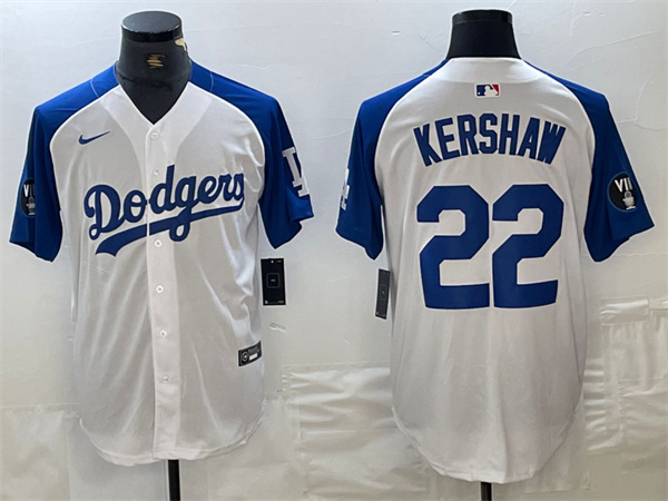 Personalized Men’s Los Angeles Dodgers #22 Clayton Kershaw White Blue Vin Patch Cool Base Stitched Baseball Jersey