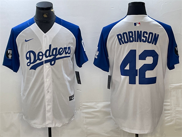 Personalized Men’s Los Angeles Dodgers #42 Jackie Robinson White Blue Vin Patch Cool Base Stitched Baseball Jersey