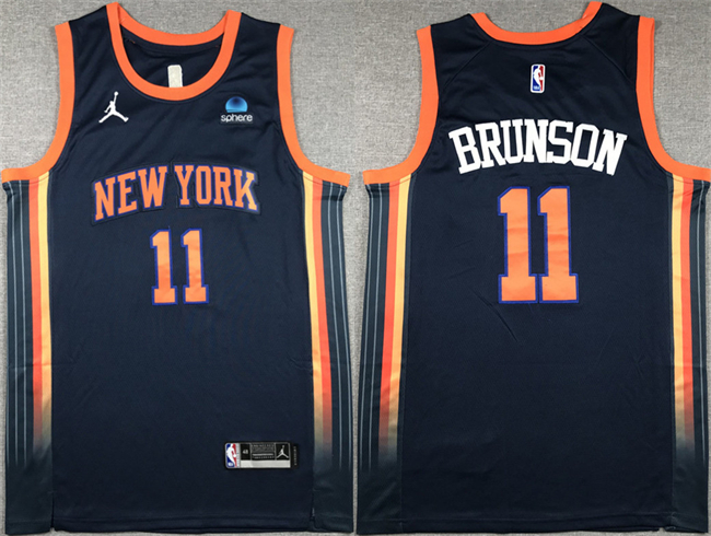 Personalized Men’s New Yok Knicks #11 Jalen Brunson Navy 2023 Statement Edition Stitched Basketball Jersey