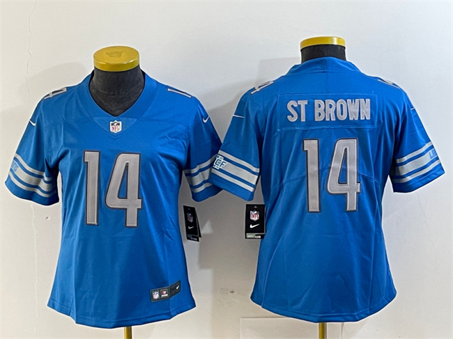 Personalized Women’s Detroit Lions #14 Amon-Ra St. Brown Blue Limited Stitched Football Jersey(Run Smaller)