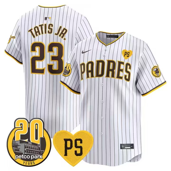 Personalized Men’s San Diego Padres #23 Fernando Tatis Jr. White Ã¢Â€ÂœFor PeterÃ¢Â€Â And Petco Park 20th Patch Limited Stitched Baseball Jersey