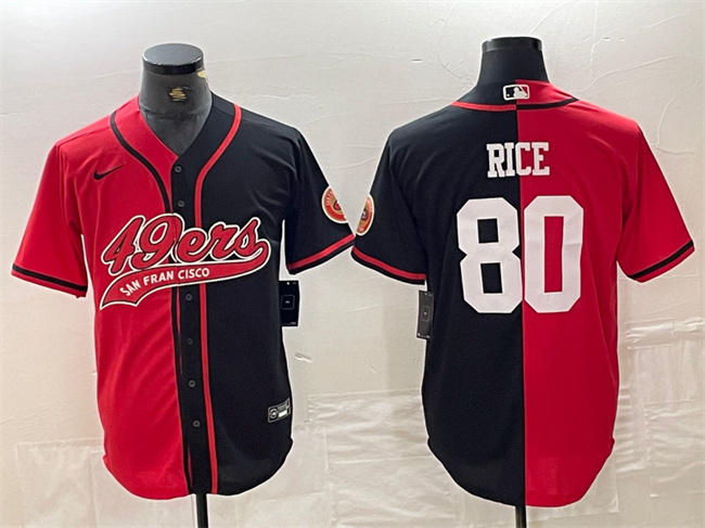 Personalized Men’s San Francisco 49ers #80 Jerry Rice Red Black Split With Patch Cool Base Stitched Baseball Jersey