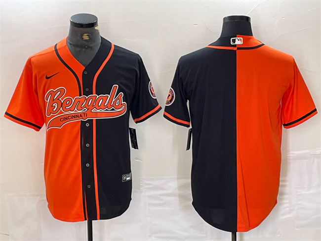 Personalized Men’s Cincinnati Bengals Blank Black Orange Split With Patch Cool Base Stitched Baseball Jersey