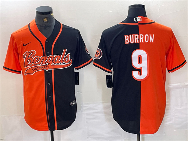 Personalized Men’s Cincinnati Bengals #9 Joe Burrow Black Orange Split With Patch Cool Base Stitched Baseball Jersey