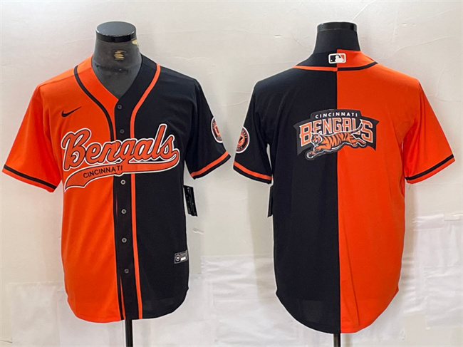 Personalized Men’s Cincinnati Bengals Team Big Logo Black Orange Split With Patch Cool Base Stitched Baseball Jersey