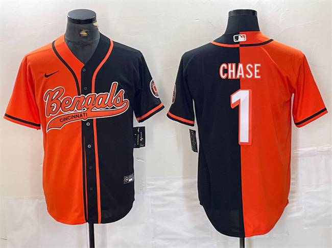 Personalized Men’s Cincinnati Bengals #1 Ja’Marr Chase Black Orange Split With Patch Cool Base Stitched Baseball Jersey