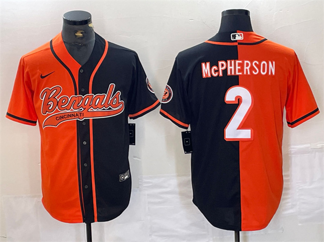 Personalized Men’s Cincinnati Bengals #2 Evan McPherson Black Orange Split With Patch Cool Base Stitched Baseball Jersey