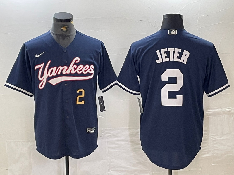 Personalized Men’s New York Yankees #2 Derek Jeter Number Navy Cool Base Stitched Baseball Jersey