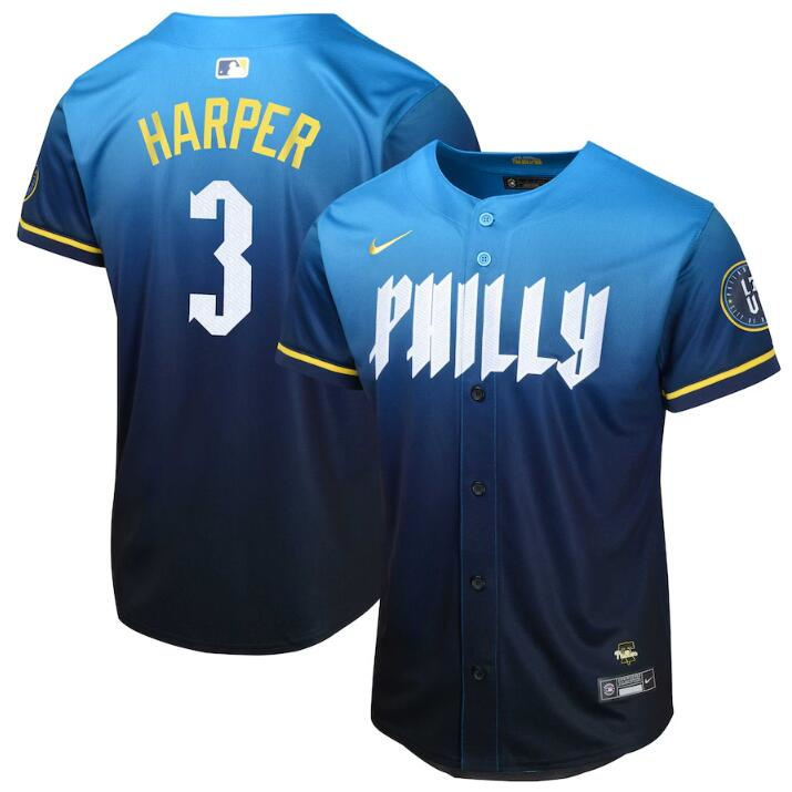 Personalized Youth Philadelphia Phillies #3 Bryce Harper Blue 2024 City Connect Limited Stitched Baseball Jersey