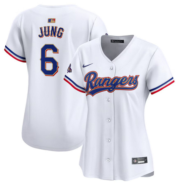 Personalized Women’s Texas Rangers #6 Josh Jung White 2024 Gold Collection Stitched Baseball Jersey(Run Small)