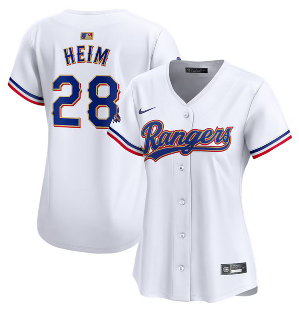 Personalized Women’s Texas Rangers #28 Jonah Heim White 2024 Gold Collection Stitched Baseball Jersey(Run Small)