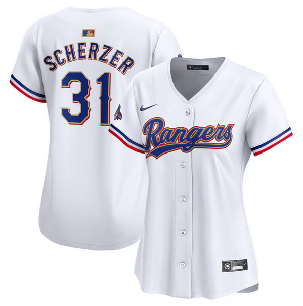 Personalized Women’s Texas Rangers #31 Max Scherzer White 2024 Gold Collection Stitched Baseball Jersey(Run Small)