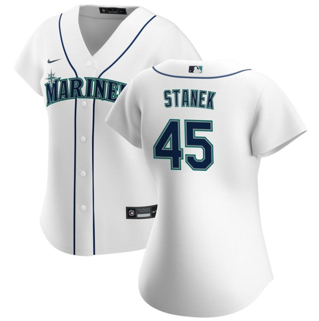 Personalized Women’s Seattle Mariners #45 Ryne Stanek White Stitched Baseball Jersey(Run Small)