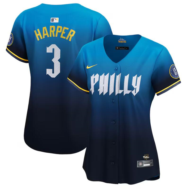 Personalized Women’s Philadelphia Phillies #3 Bryce Harper Blue 2024 City Connect Limited Stitched Baseball Jersey