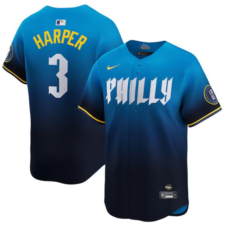 Personalized Men’s Philadelphia Phillies #3 Bryce Harper Blue 2024 City Connect Limited Stitched Jersey