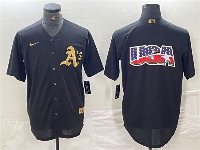 Personalized Men’s Oakland Athletics Black Gold Team Big Logo Cool Base Stitched Baseball Jersey