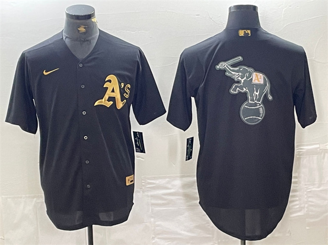 Personalized Men’s Oakland Athletics Black Gold Team Big Logo Cool Base Stitched Baseball Jersey 1