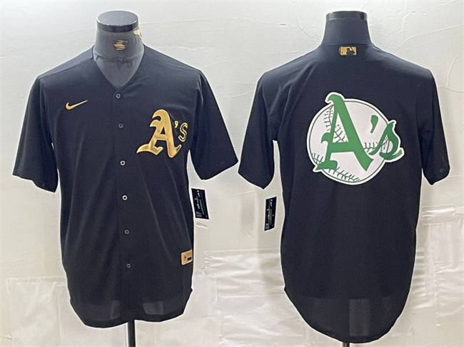 Personalized Men’s Oakland Athletics Black Gold Team Big Logo Cool Base Stitched Baseball Jersey 2