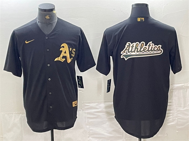 Personalized Men’s Oakland Athletics Black Gold Team Big Logo Cool Base Stitched Baseball Jersey 3