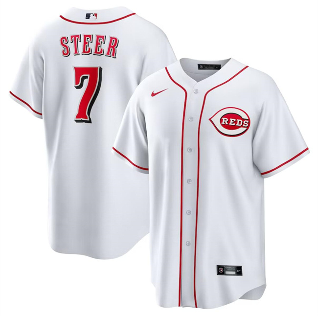 Personalized Men’s Cincinnati Reds #7 Spencer Steer White Cool Base Stitched Baseball Jersey