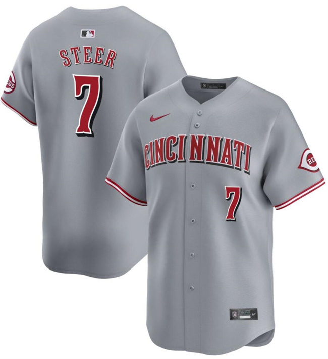 Personalized Men’s Cincinnati Reds #7 Spencer Steer Grey Away Limited Stitched Baseball Jersey