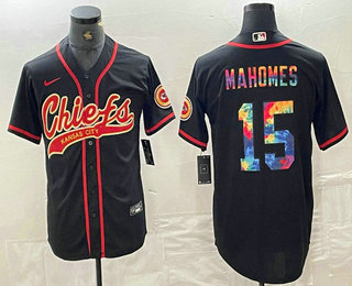 Personalized Men’s Kansas City Chiefs #15 Patrick Mahomes Black Multi Color With Patch Cool Base Stitched Baseball Jersey