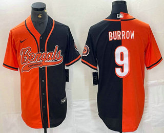 Personalized Men’s Cincinnati Bengals #9 Joe Burrow Orange Black Two Tone Cool Base Stitched Baseball Jersey