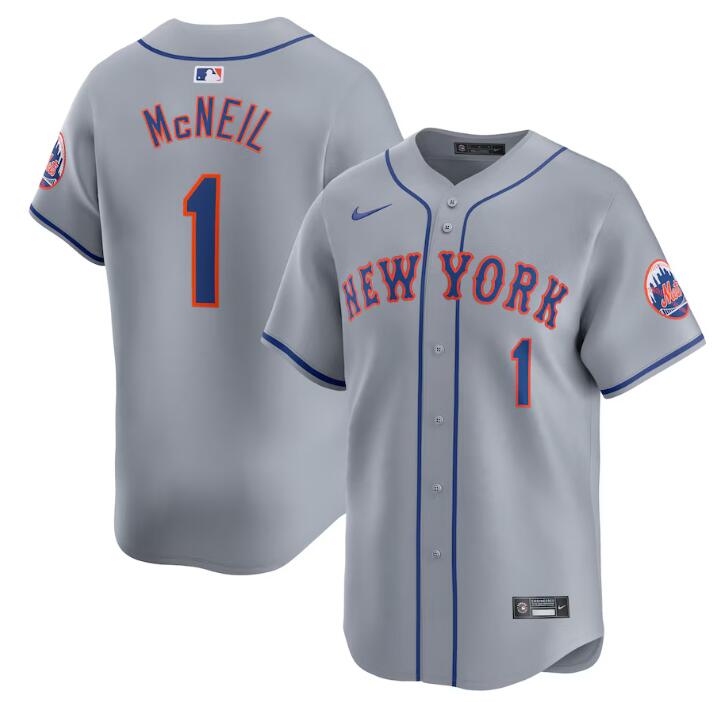 Personalized Men’s New York Mets #1 Jeff McNeil Grey 2024 Away Limited Stitched Baseball Jersey