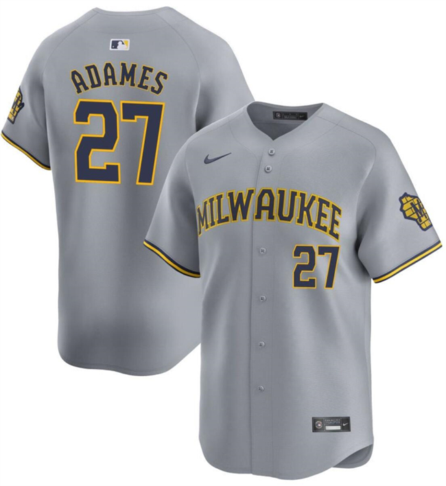 Personalized Men’s Milwaukee Brewers #27 Willy Adames Grey 2024 Away Limited Stitched Baseball Jersey