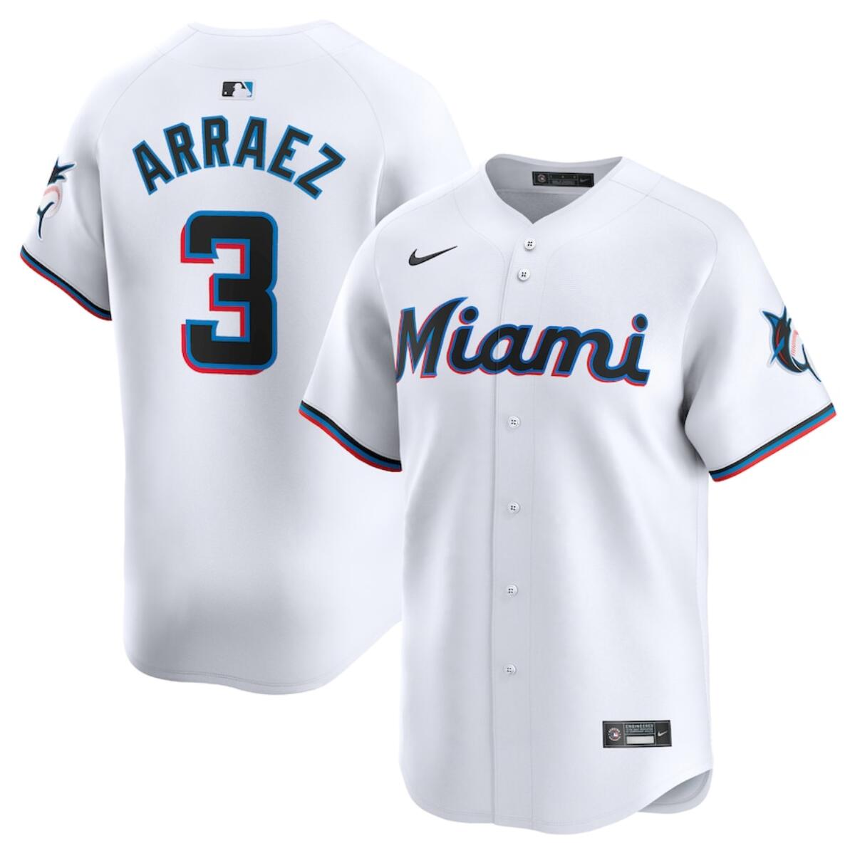 Personalized Men’s Miami Marlins #3 Luis Arraez White 2024 Home Limited Stitched Baseball Jersey