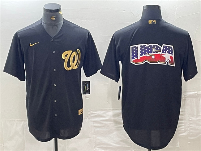 Personalized Men’s Washington Nationals Black Team Big Logo Cool Base Stitched Baseball Jersey 1