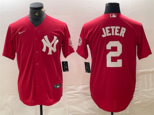 Personalized Men’s New York Yankees #2 Derek Jeter Red Cool Base Stitched Baseball Jersey