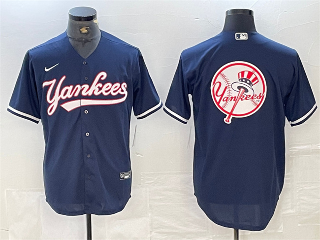 Personalized Men’s New York Yankees Navy Team Big Logo Cool Base Stitched Baseball Jersey 4