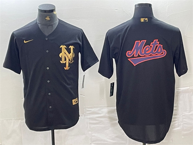 Personalized Men’s New York Mets Black Team Big Logo Cool Base Stitched Baseball Jersey 2