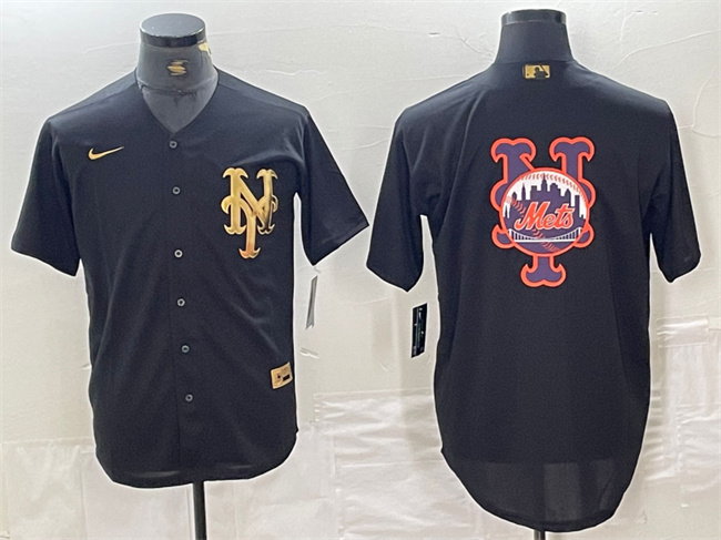 Personalized Men’s New York Mets Black Team Big Logo Cool Base Stitched Baseball Jersey 3