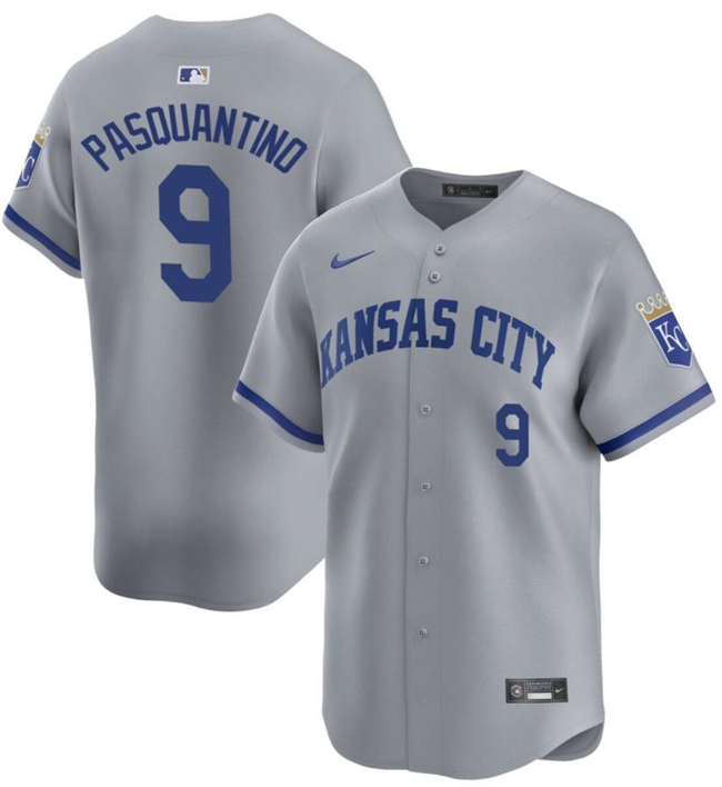 Personalized Men’s Kansas City Royals #9 Vinnie Pasquantino Grey 2024 Away Limited Stitched Baseball Jersey